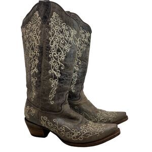 Corral Wedding Big Floral Embroidered Snip Toe Boots Brown/Bone Size 9.5